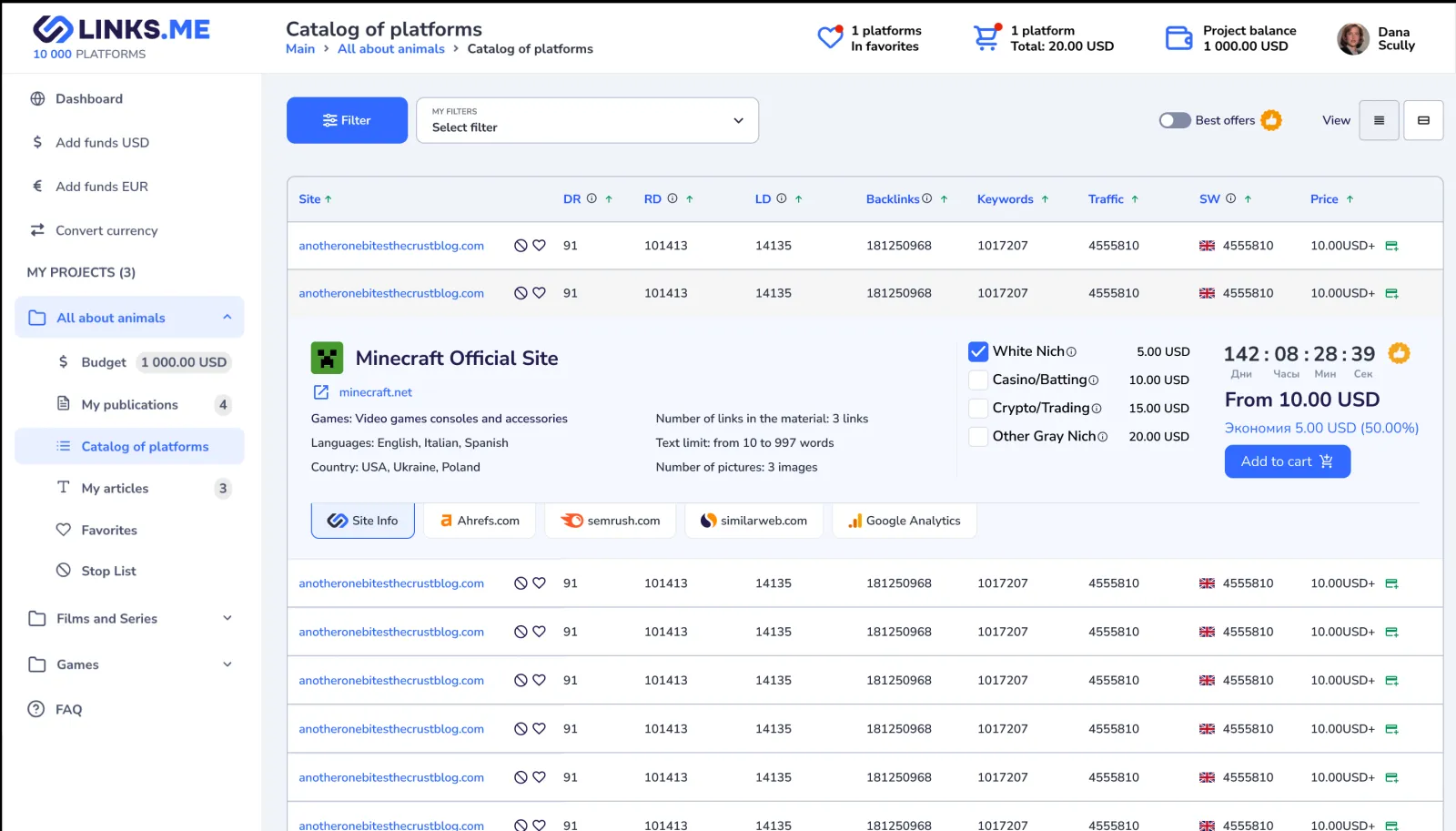 Links.me affiliate dashboard
